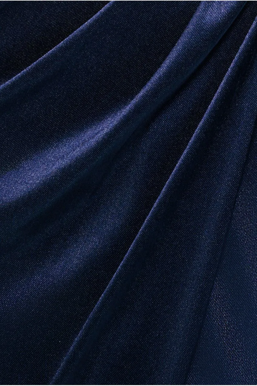 Goddiva Cowl Bardot abito maxi blu navy satin