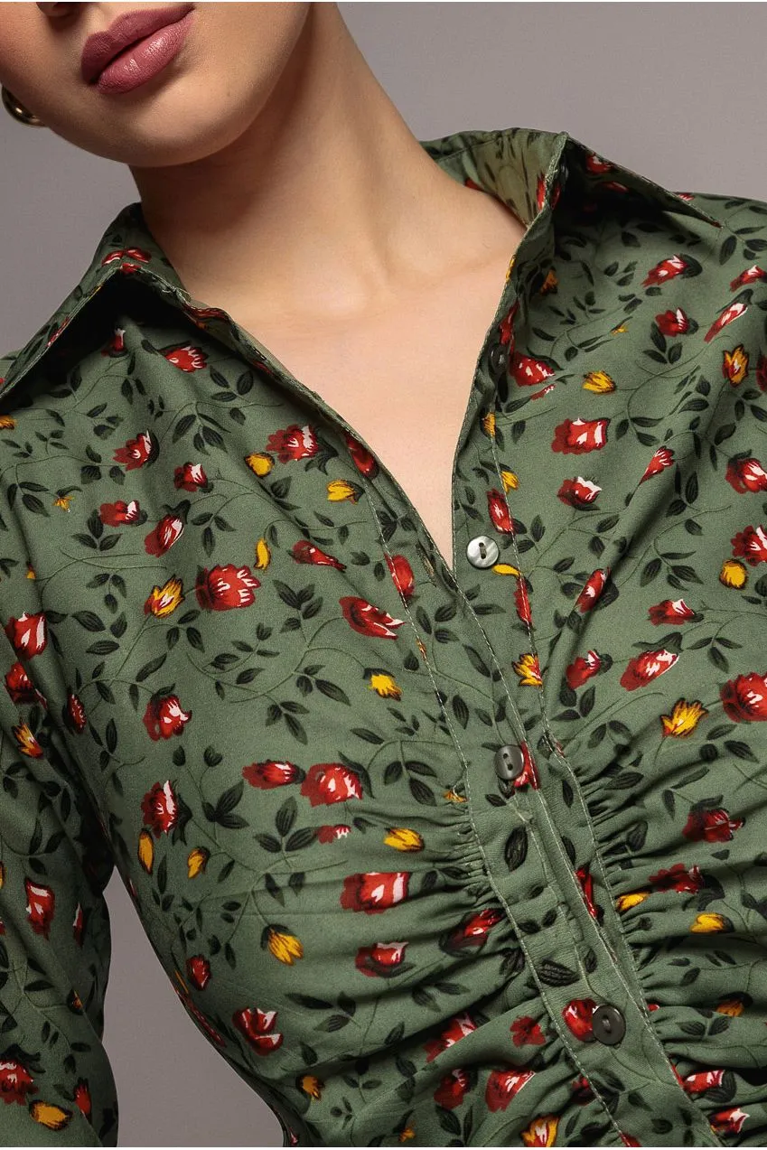 Goddiva Floral abito camicia verde salvia midi floreale