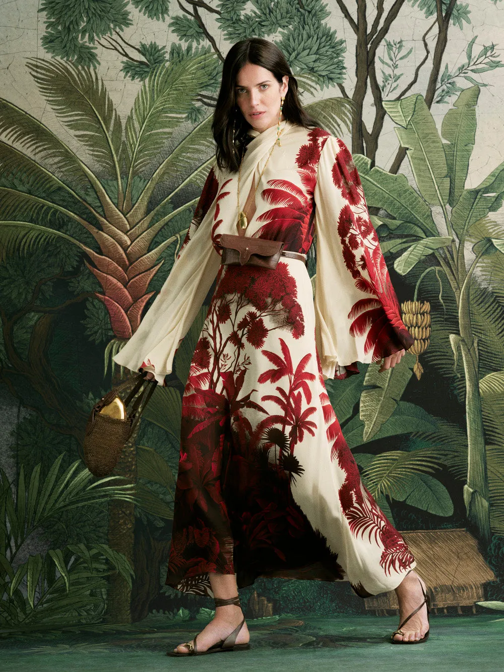 Johanna Ortiz Maiden Voyage abito seta rosso ecru
