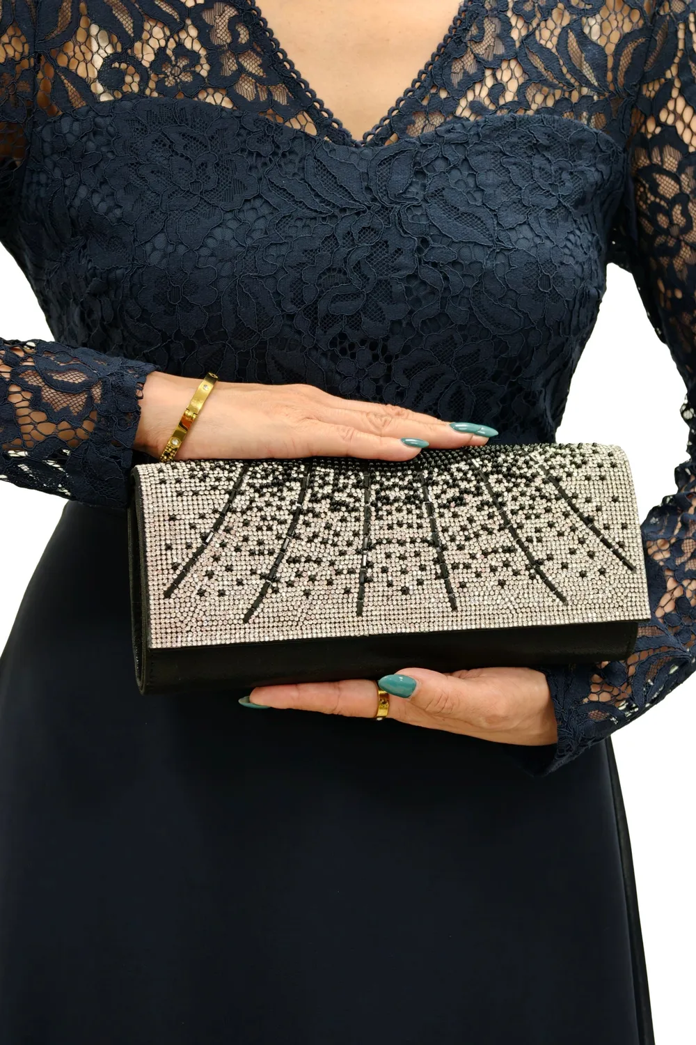 Double Second pochette strass clutch nera con catena luminosa