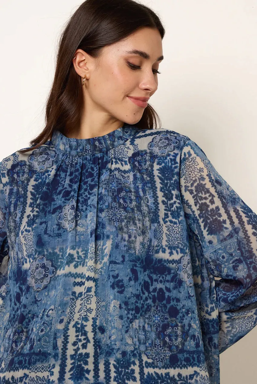 Blue Vanilla top navy paisley collo alto manica lunga