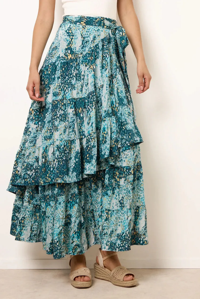 Blue Vanilla Wrap gonna midi blu metallizzata leopardo