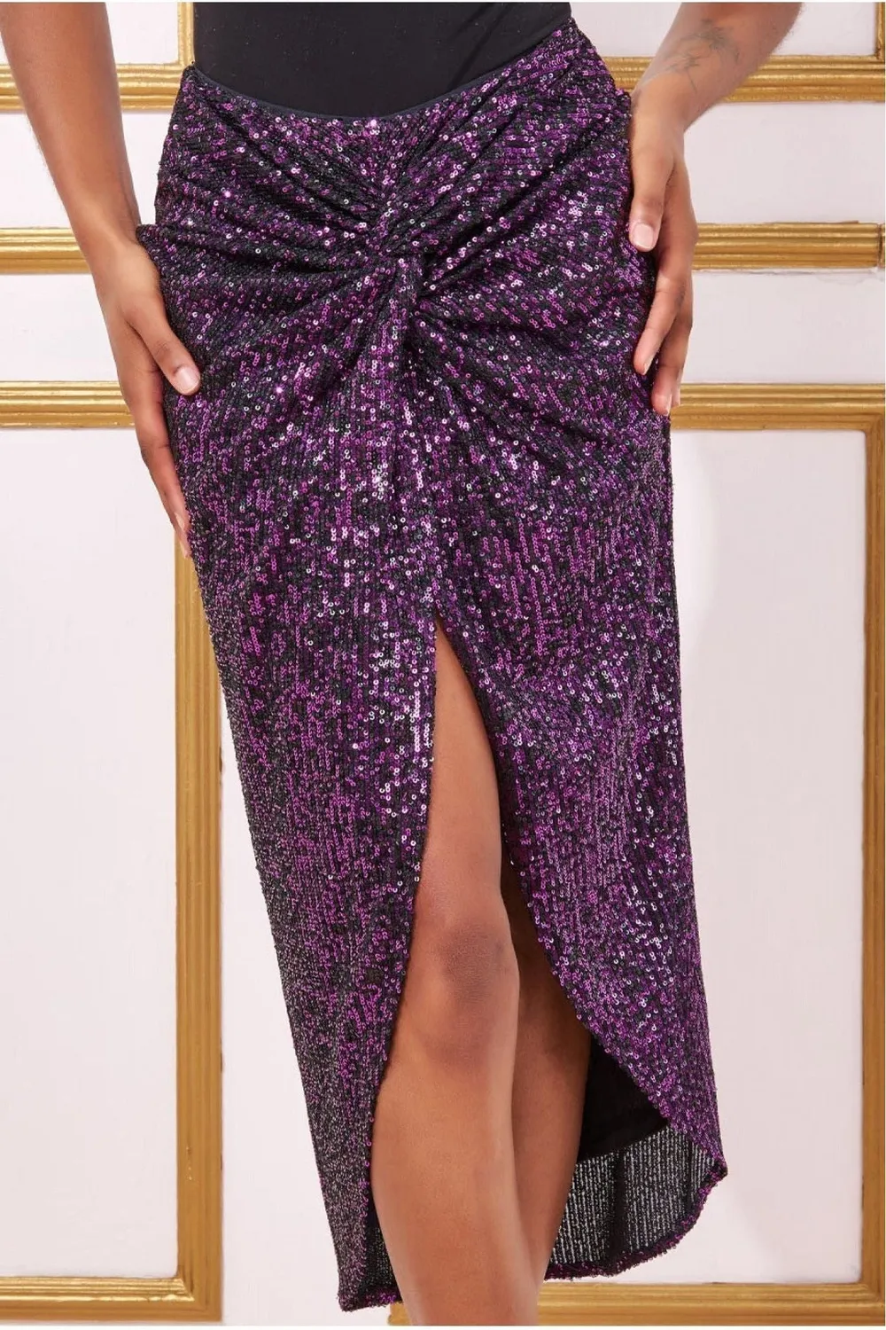 Goddiva Knot Front gonna midi viola paillettes