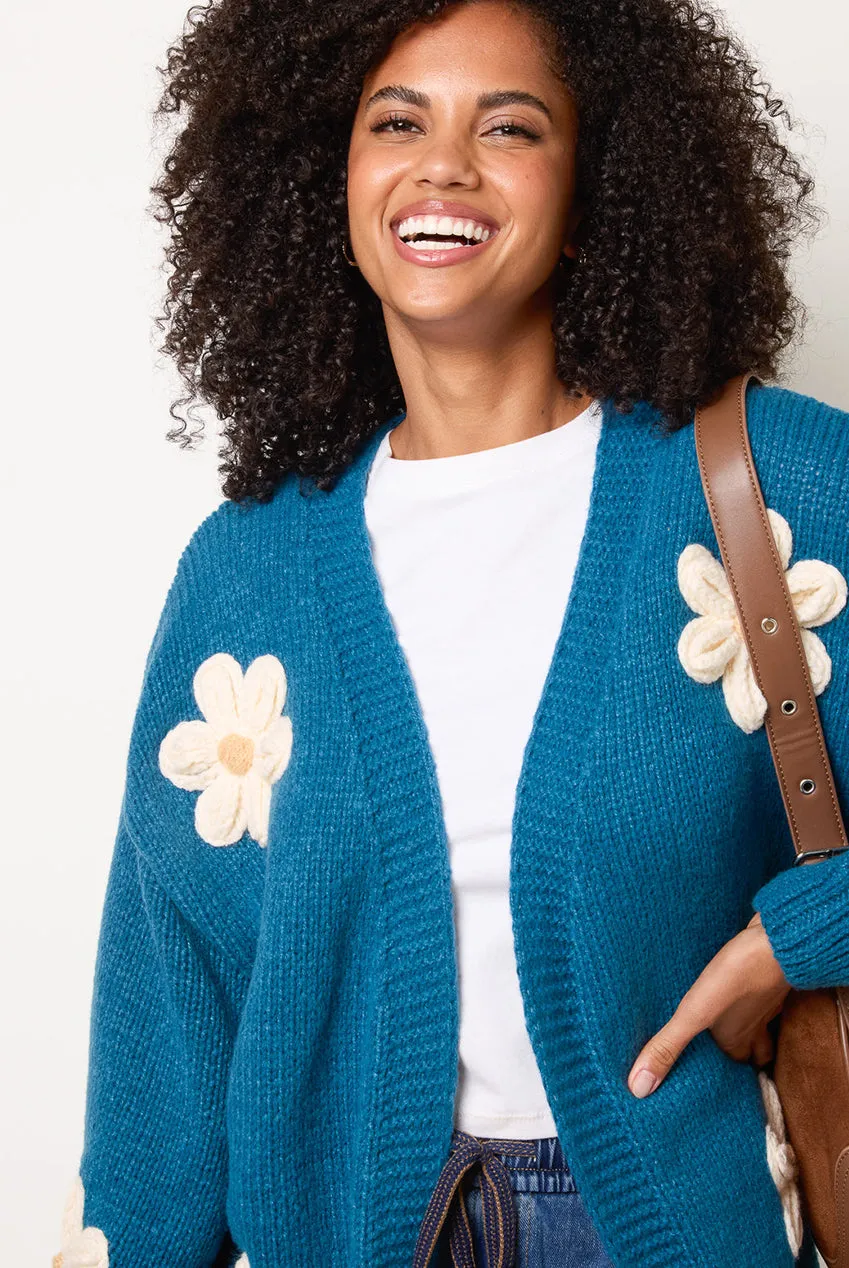Blue Vanilla Daisy cardigan donna ricamo fiori teal S/M