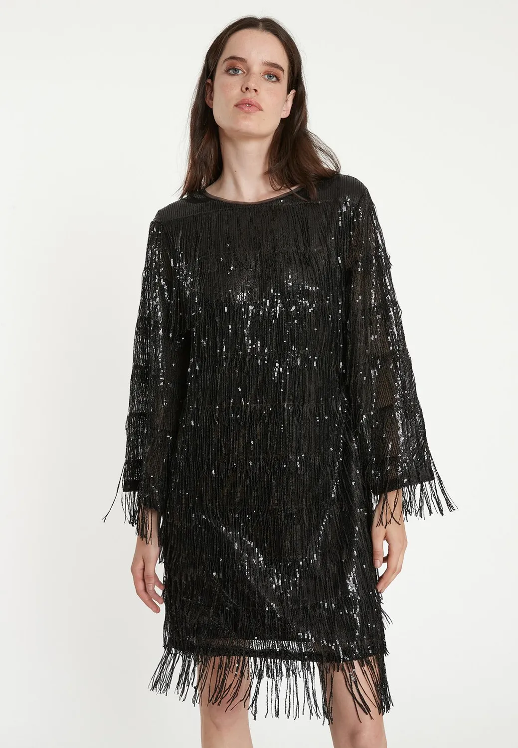 Ana Alcazar Tabea abito cocktail nero frange paillettes