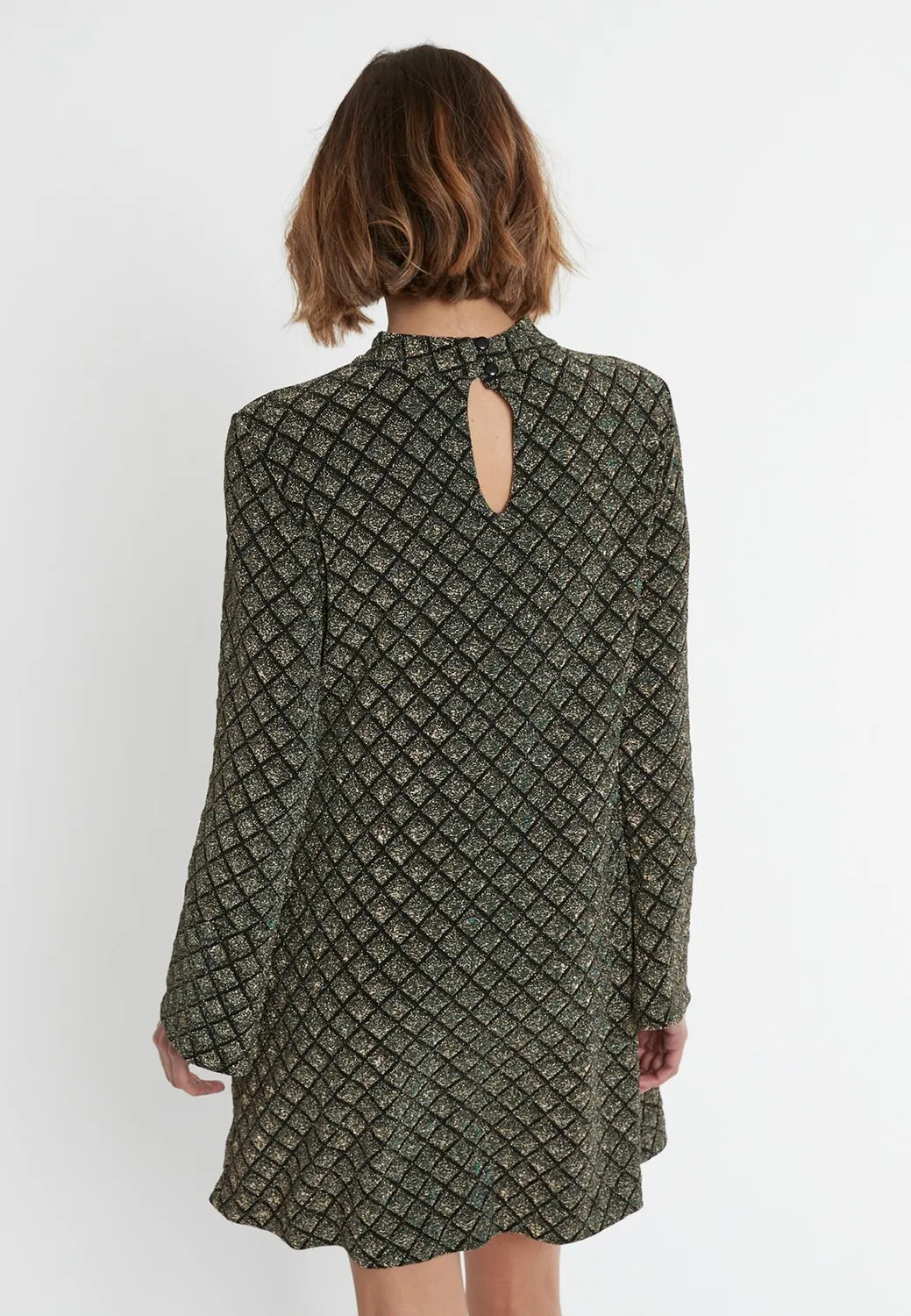 Ana Alcazar Sakala abito lurex corto nero oro scacchi