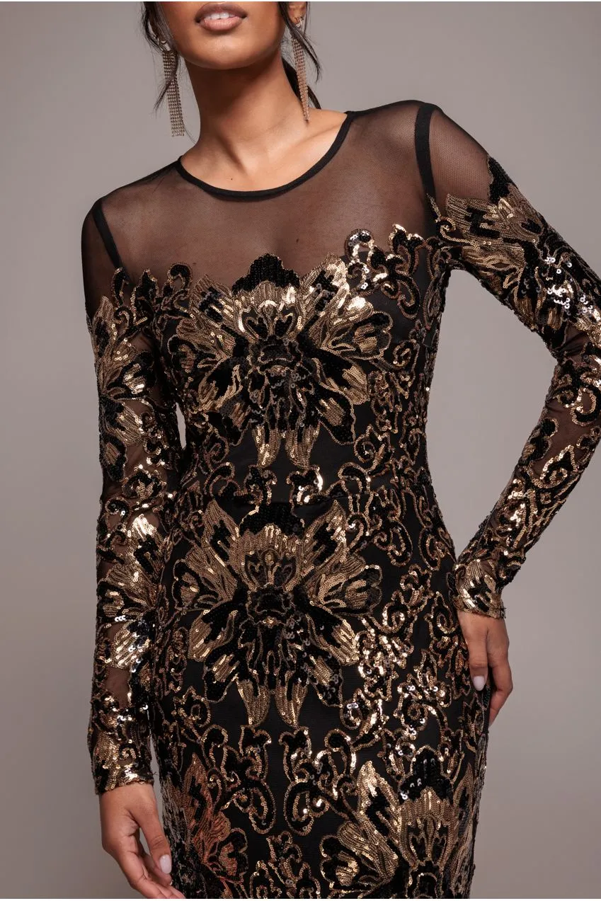 Goddiva Floral Abito Maxi Oro Paillettes