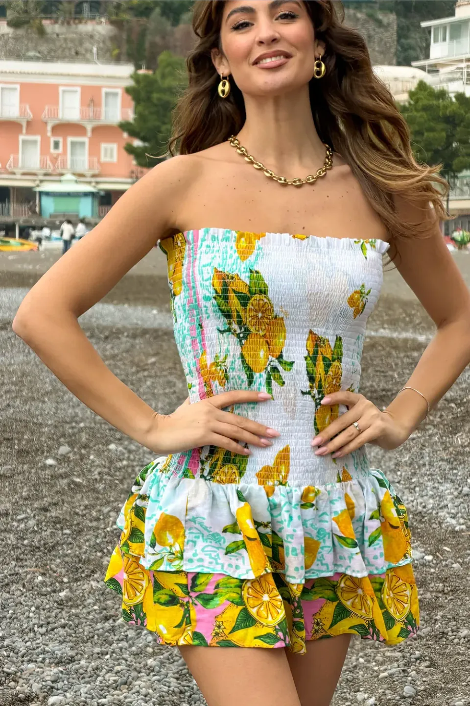 Antica Sartoria Agrumi FC133 abito corto giallo spalle scoperte
