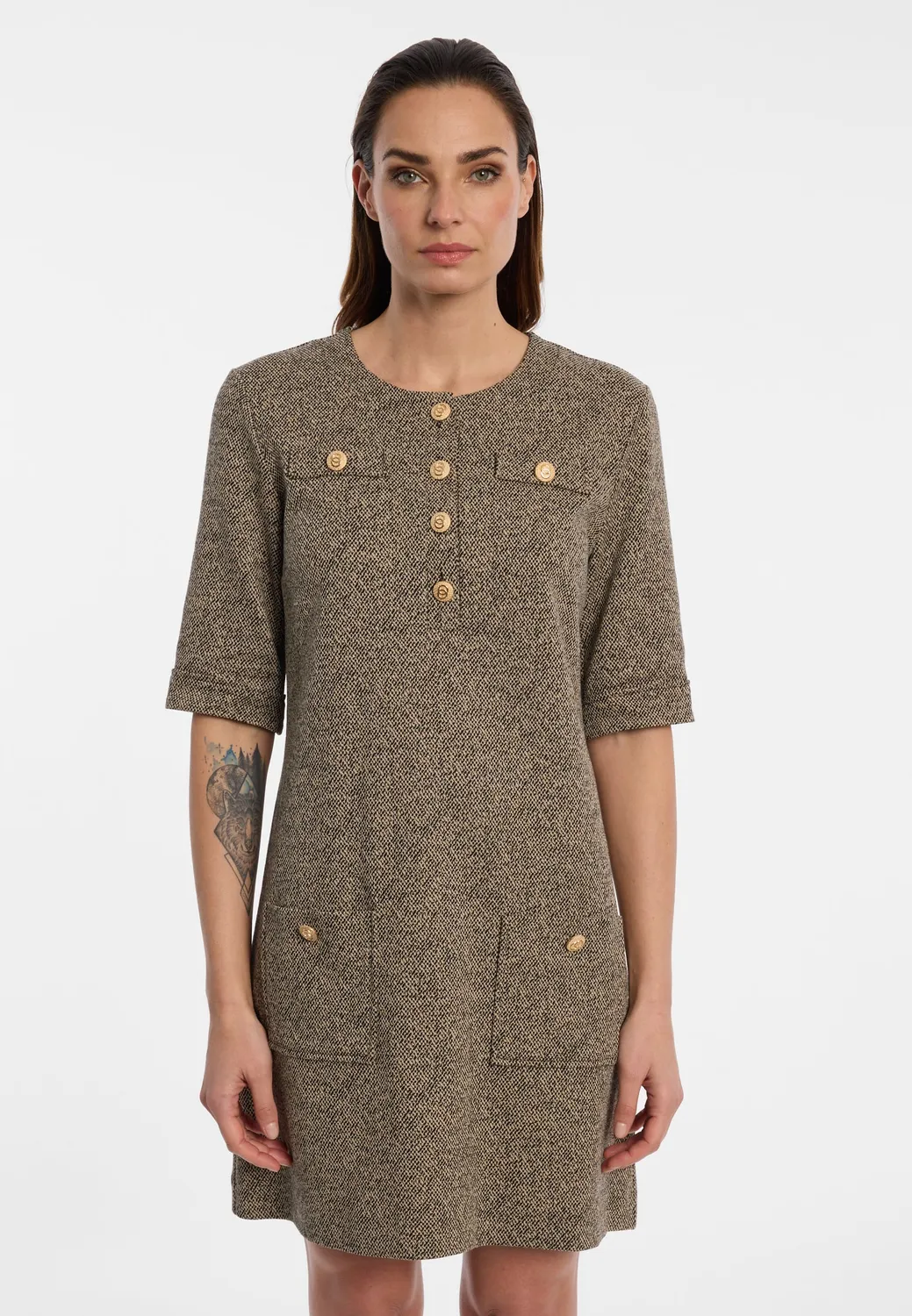 Ana Alcazar Pencil Dress abito tweed bottoni oro