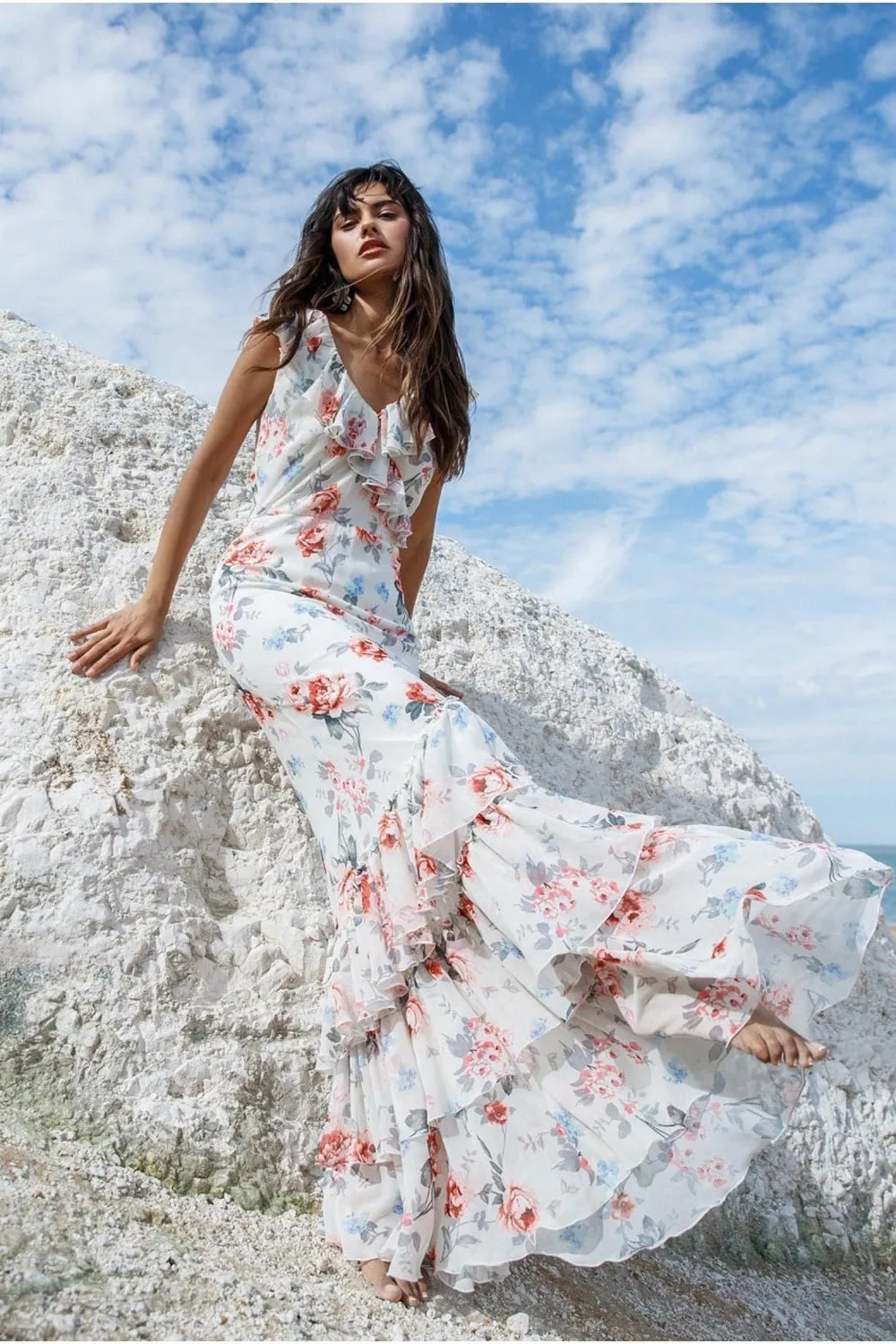 Goddiva DR3750 abito maxi chiffon crema floreale balze