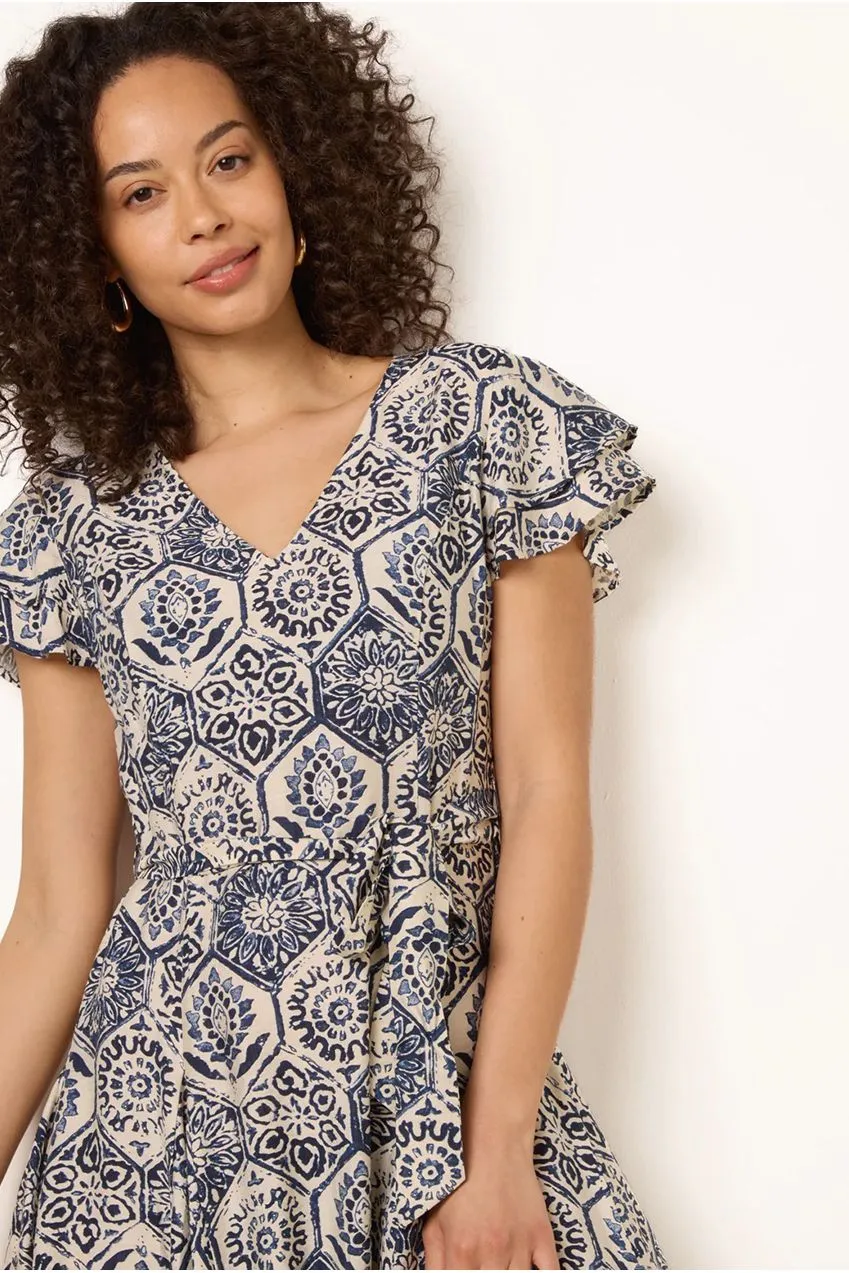 Blue Vanilla V Neck Godet abito mini blu navy fantasia