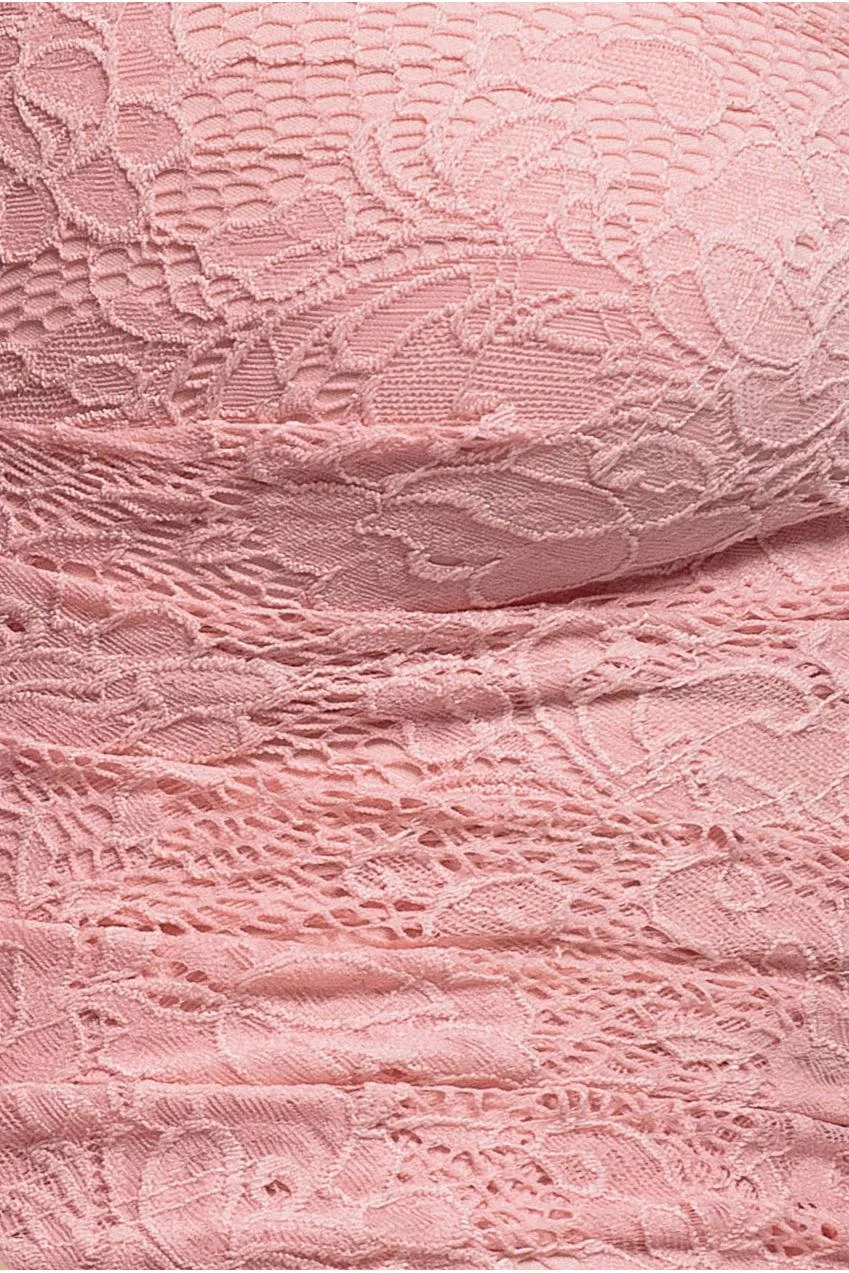 Goddiva Cape abito maxi rosa cipria pizzo monospalla