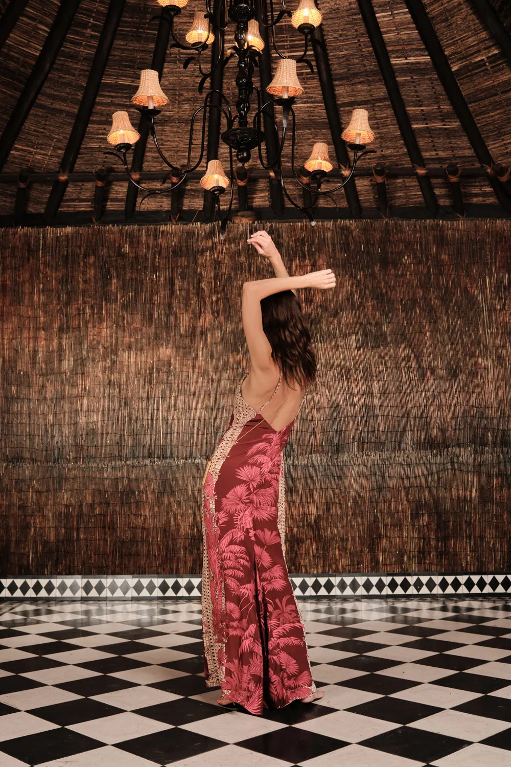 Johanna Ortiz Tropical Harmony abito maxi seta ecru rosa