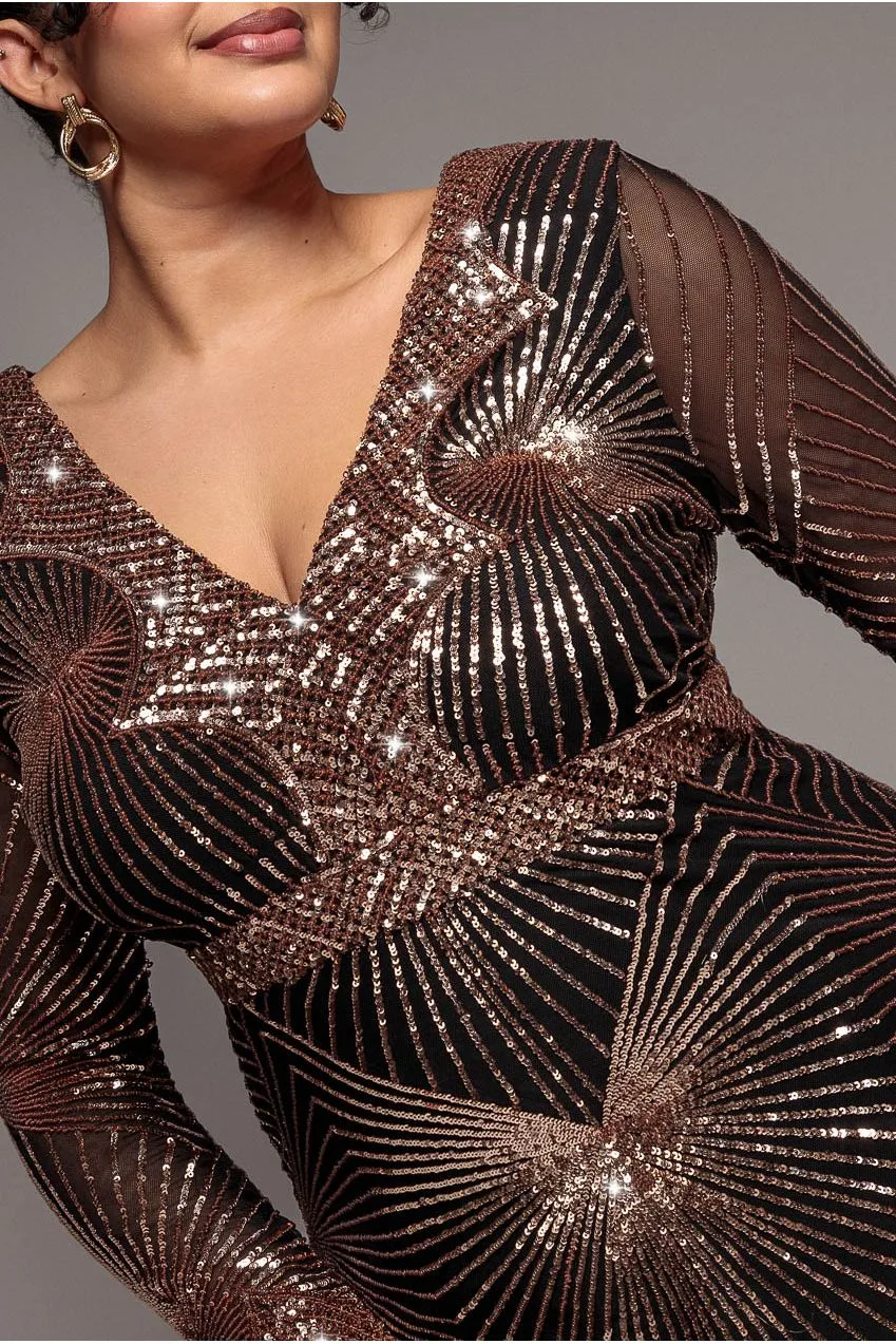 Goddiva Plus abito maxi paillettes oro rosa 18