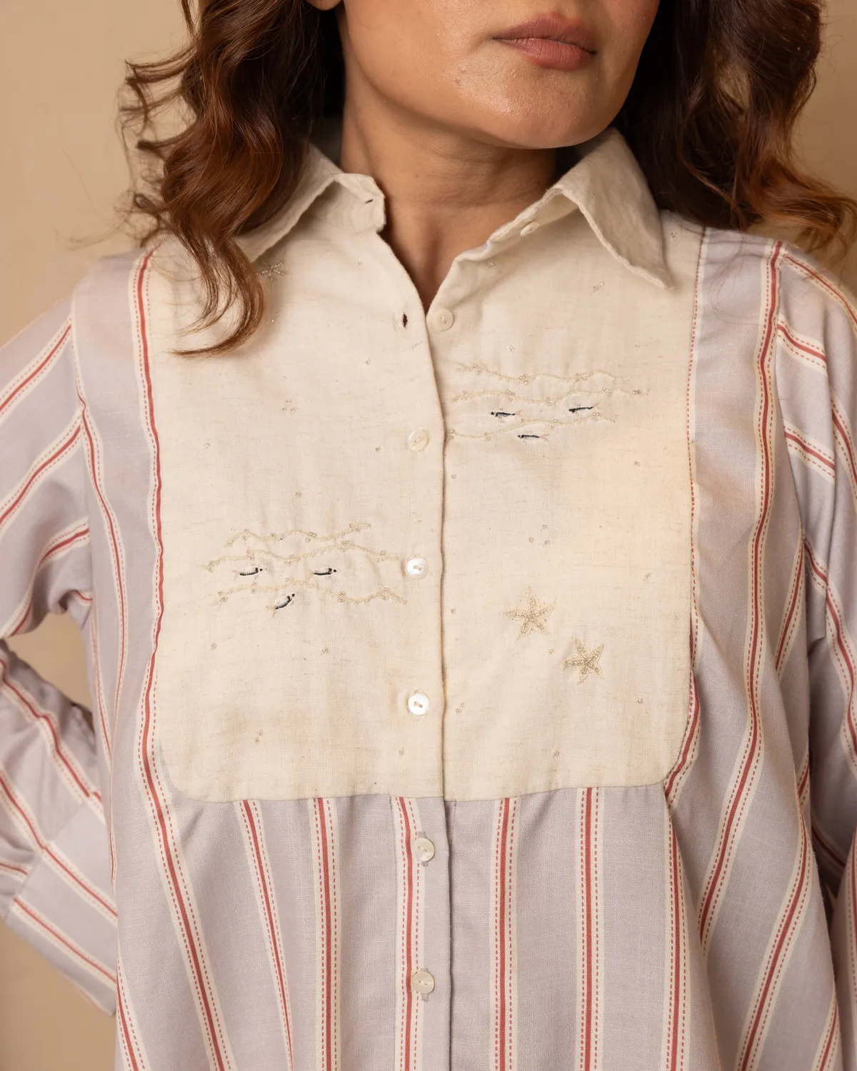 Our Dve Marina abito camicia beige grigio luglio