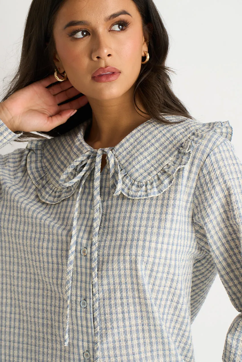 Gini London Blue Gingham camicia blu a quadri collo Peter Pan