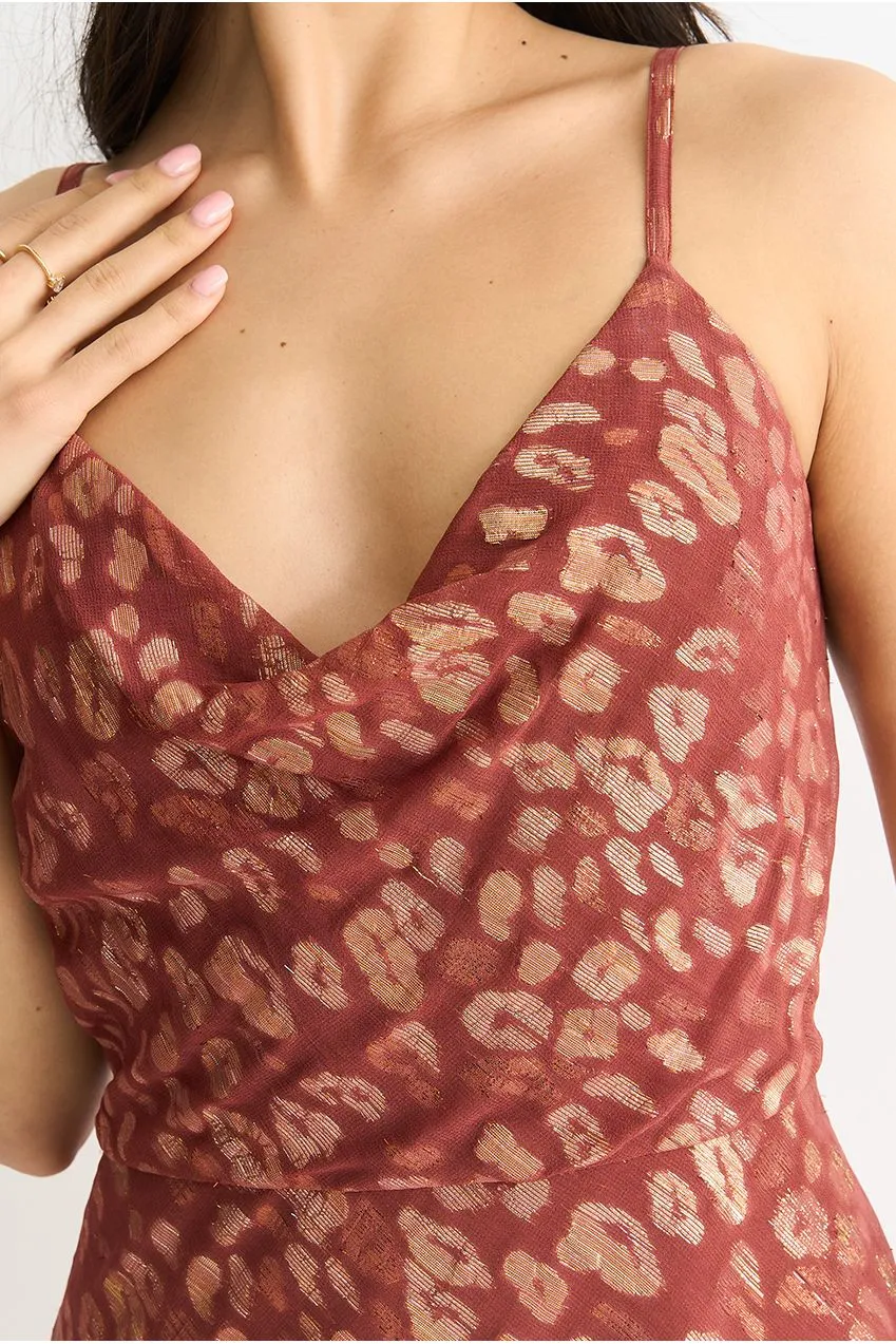 Gini London abito midi marrone scollo scialle animalier