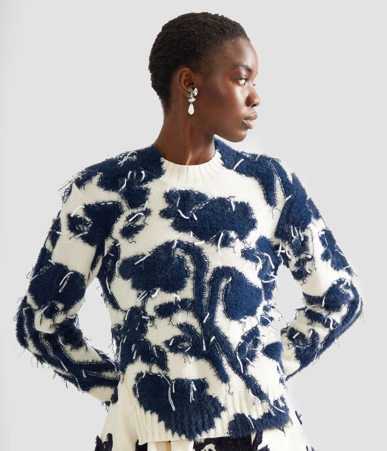 Erdem Textured Floral maglione lana cropped panna blu