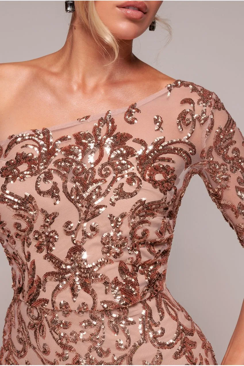 Goddiva Sequin Mesh One Shoulder Abito Maxi Champagne