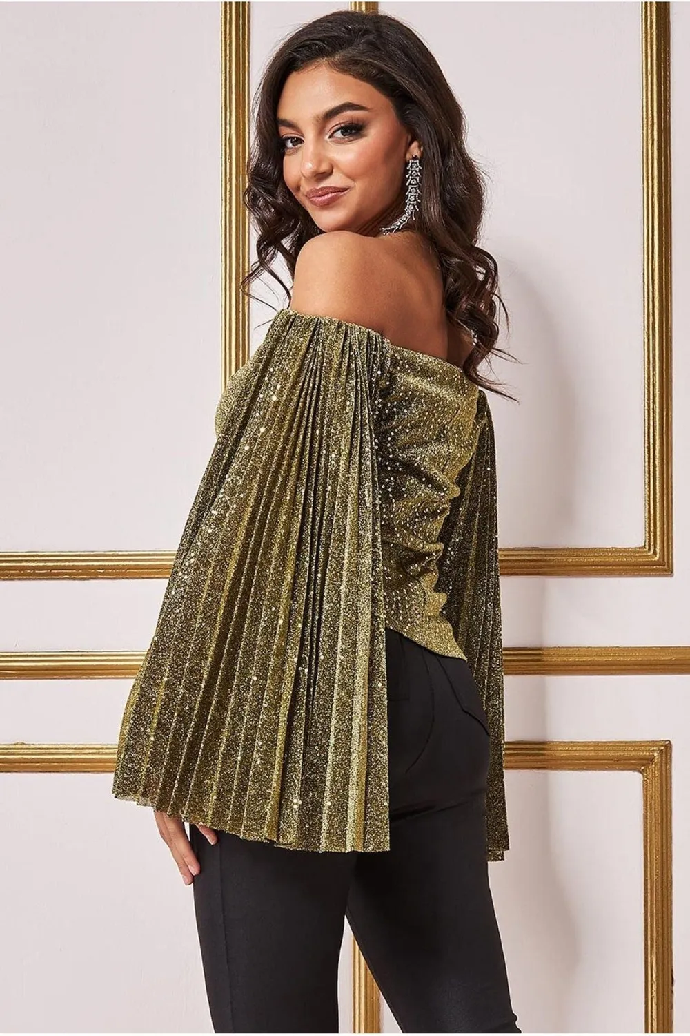 Goddiva Bardot Sequin Lurex top oro manica lunga paillettes
