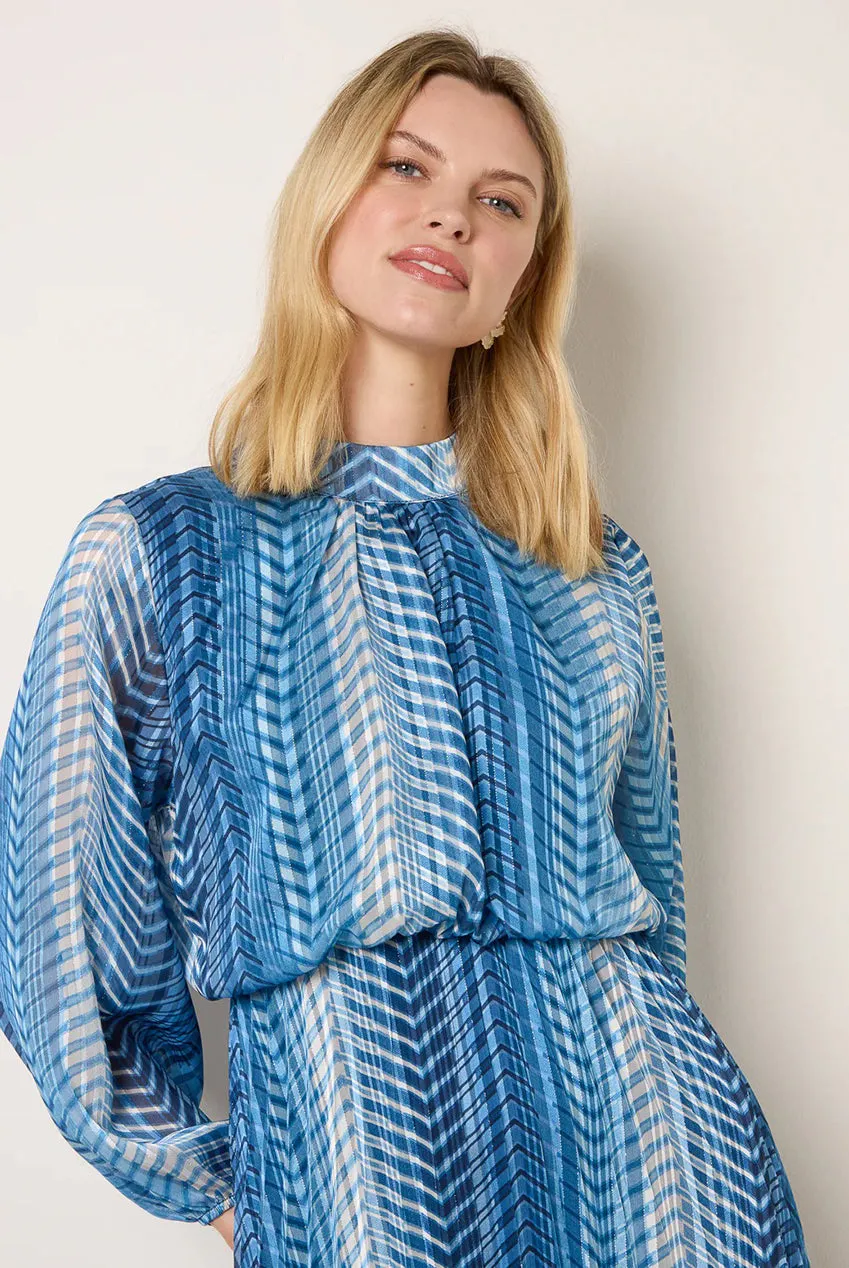 Blue Vanilla abito midi navy plissettato collo alto