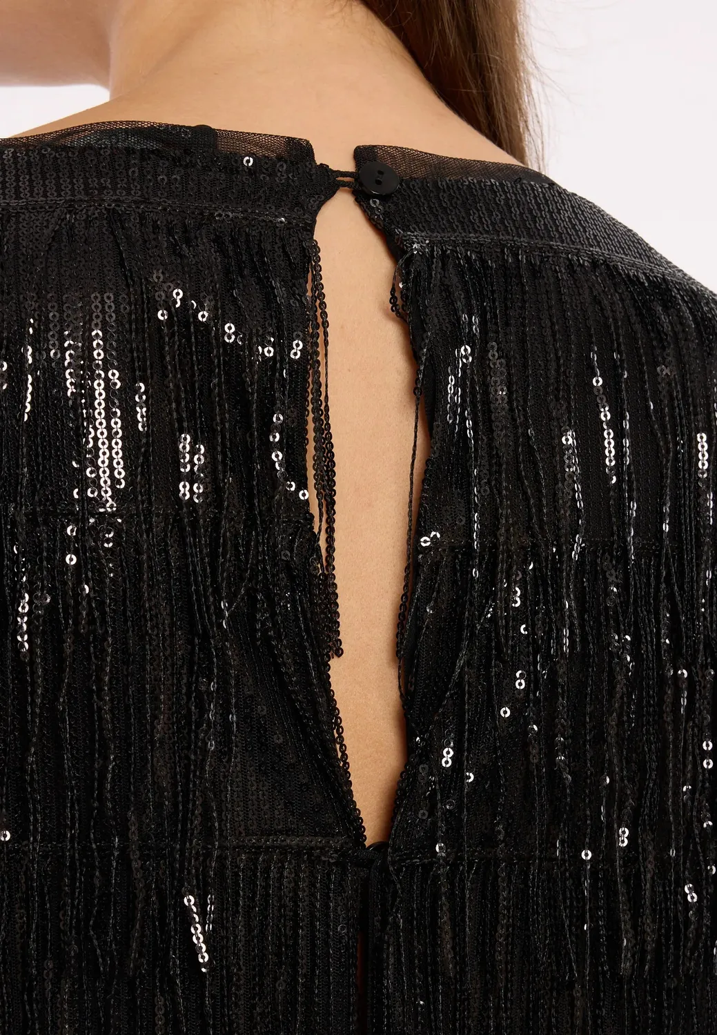 Ana Alcazar Cebala tuta nera frange paillettes