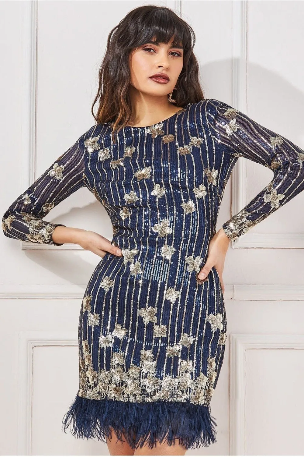 Goddiva DR3770 abito mini blu navy lustrini e piume