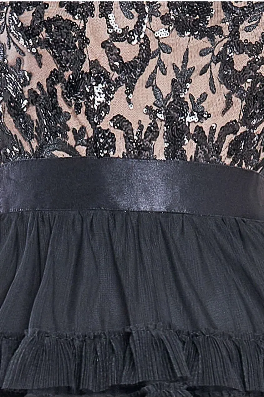 Goddiva Scallop Bardot abito lungo nero paillettes