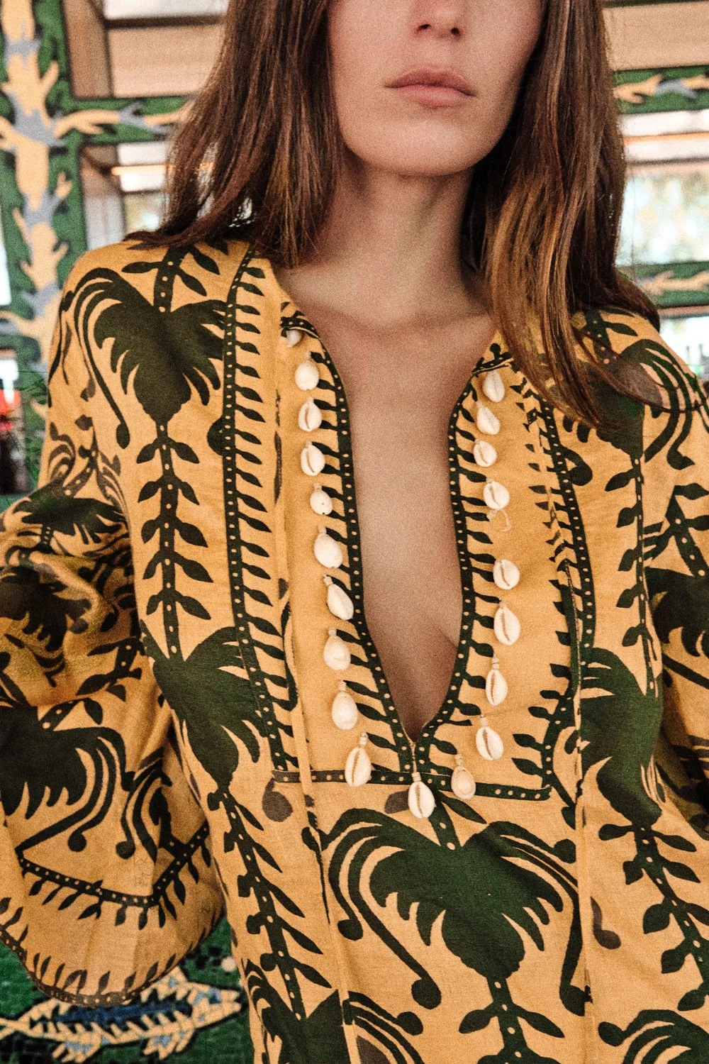 Johanna Ortiz Wild Savannah tunica lino gialla conchiglie