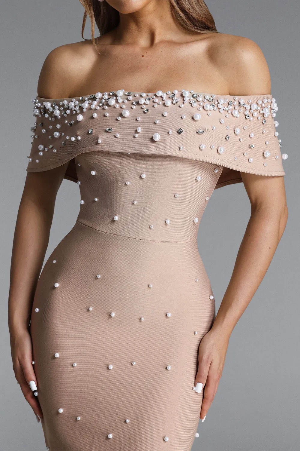 Goddiva Bella Barnett Isme abito lungo beige L spalle scoperte