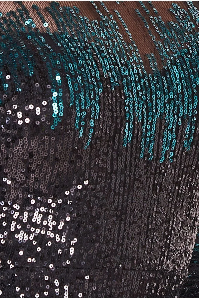 Goddiva Aztec abito lungo paillettes verde smeraldo