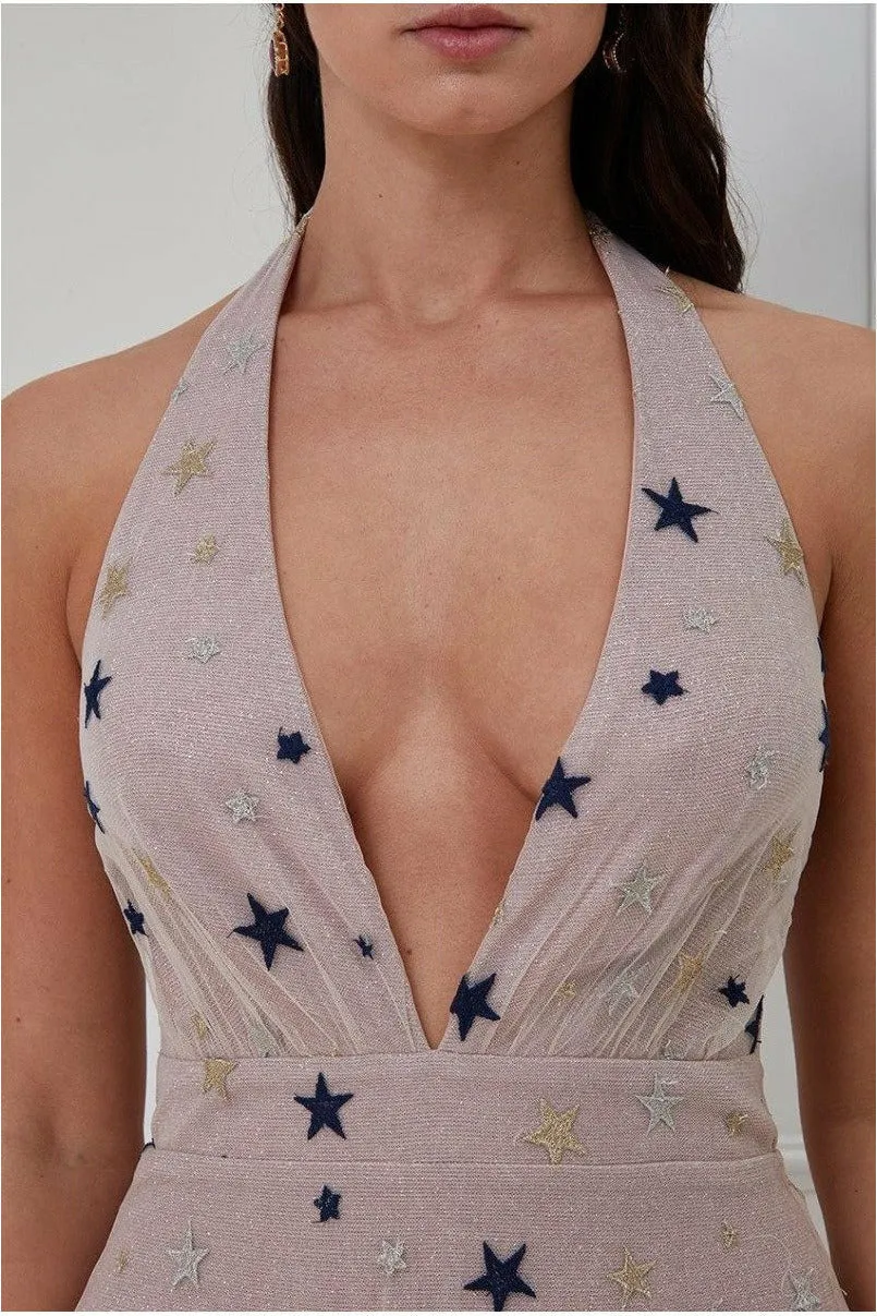 Goddiva abito lungo halter champagne stelle mesh