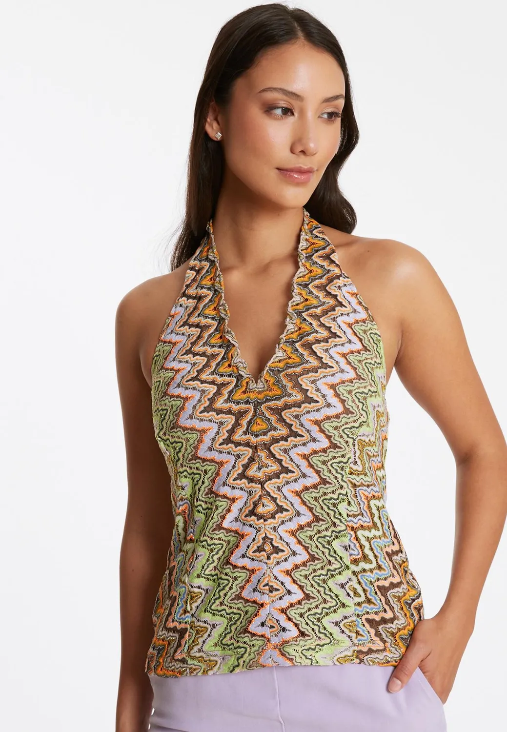 Ana Alcazar Paelie top halter maglia lime rosa collo alto