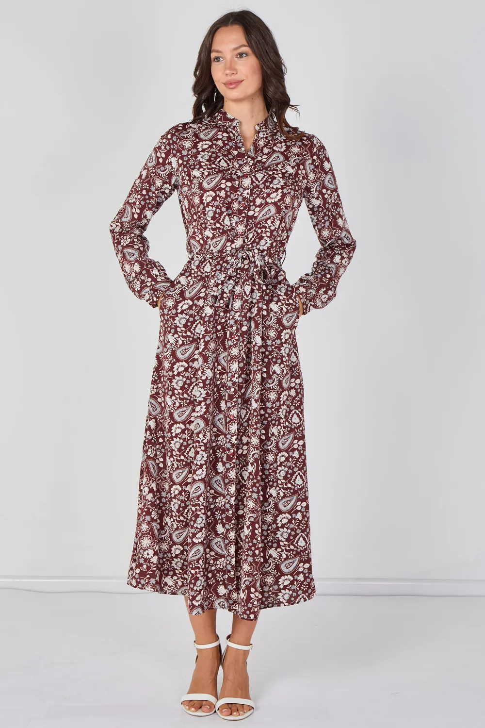 Love Sunshine abito camicia maxi bordeaux paisley