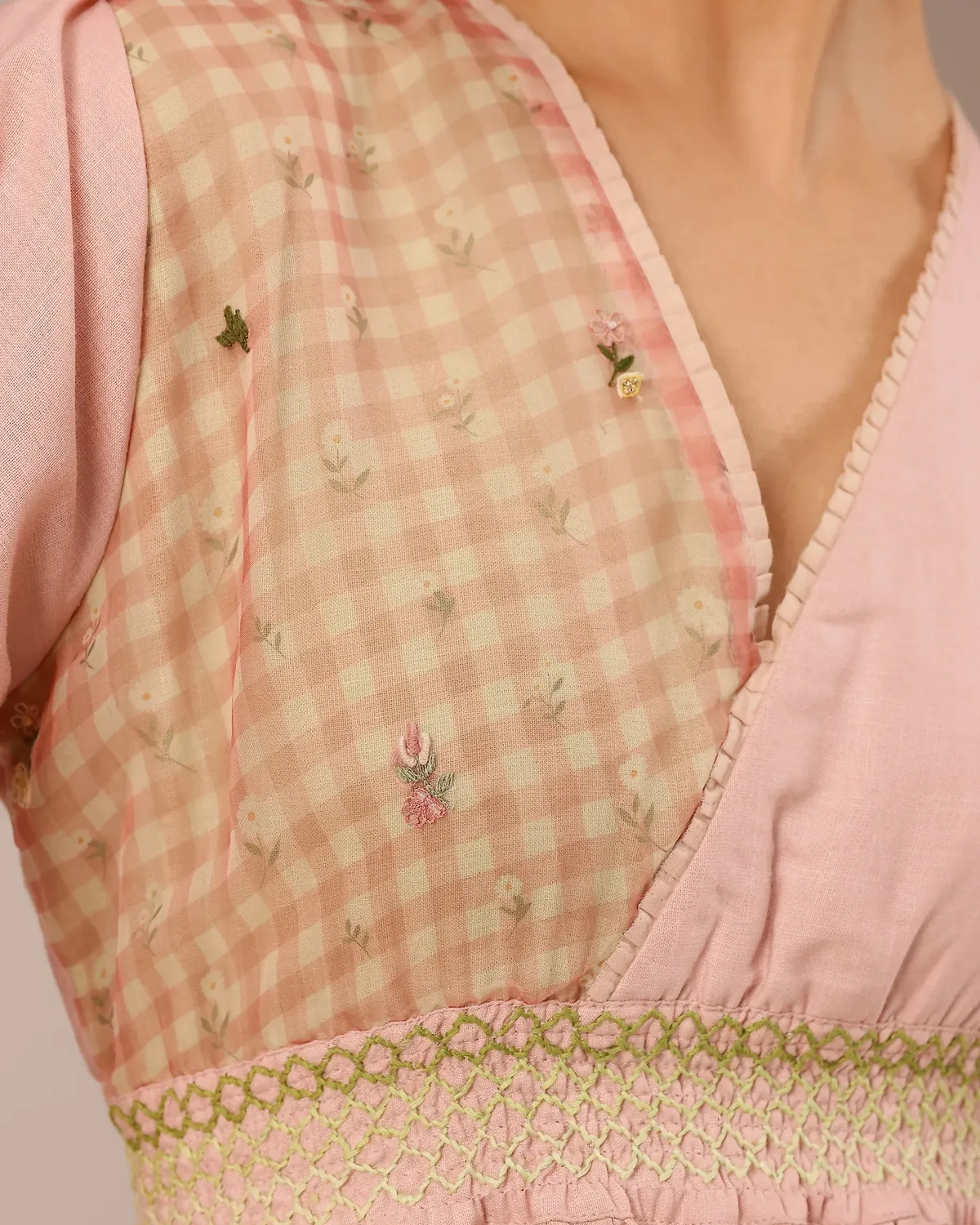 Our Dve Pop abito patchwork rosa verde lino