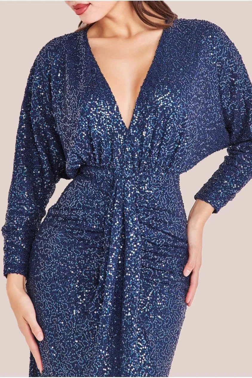 Goddiva Plunge DR3833 abito maxi blu navy paillettes