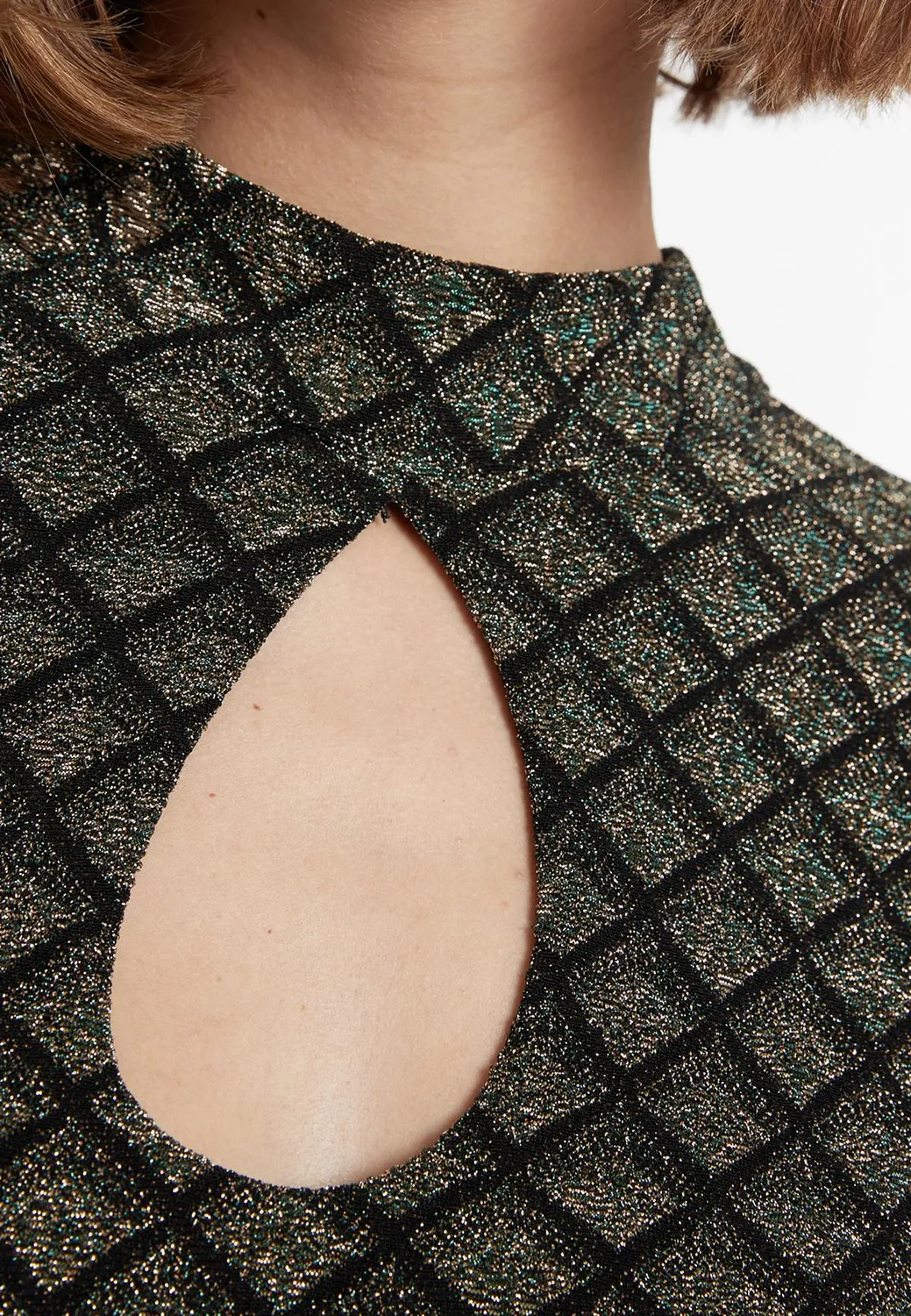 Ana Alcazar Sakala abito lurex corto nero oro scacchi