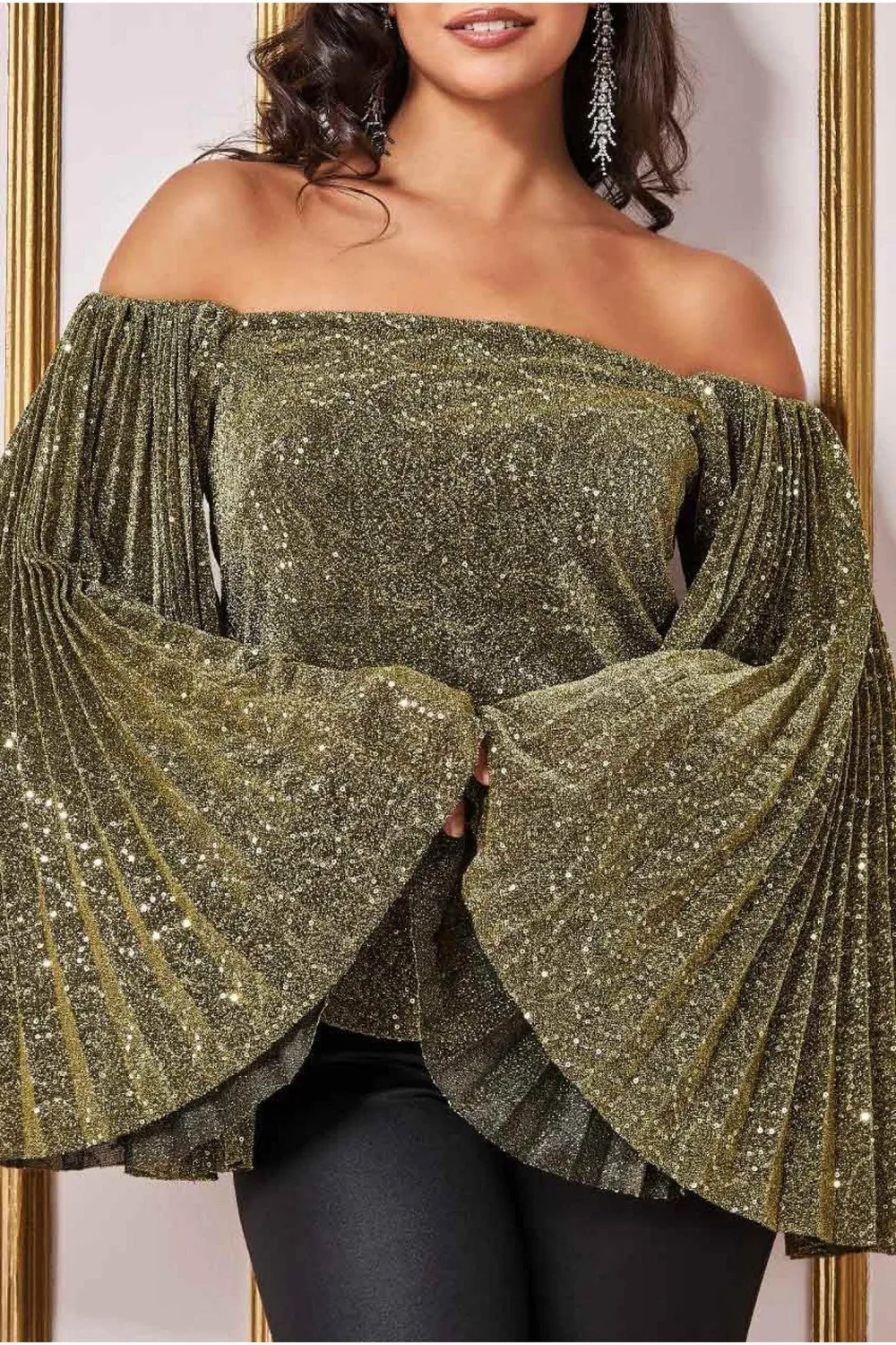 Goddiva Bardot Sequin Lurex top oro manica lunga paillettes
