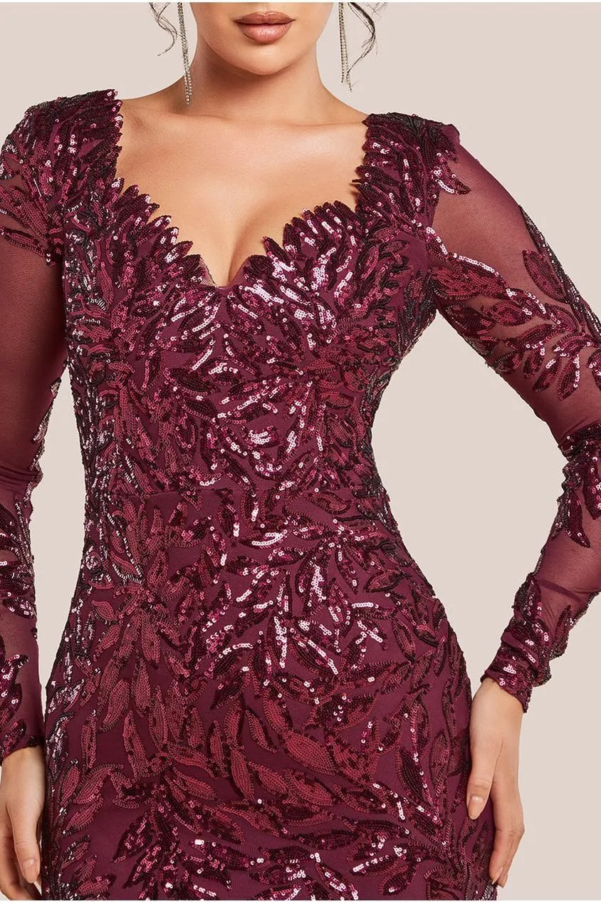 Goddiva Sequin Leaf abito maxi bordeaux maniche lunghe elegante