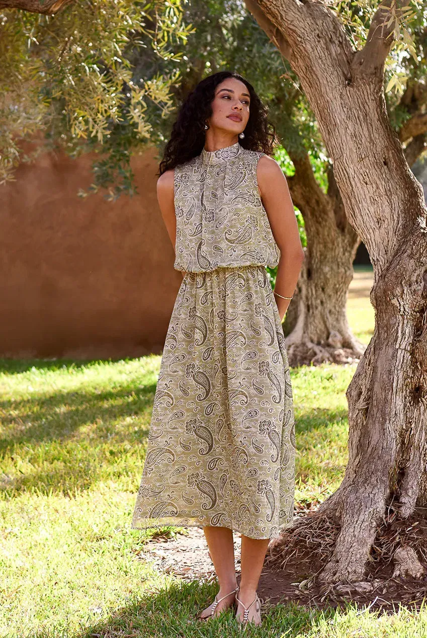 Blue Vanilla Paisley abito midi kaki collo alto fantasia