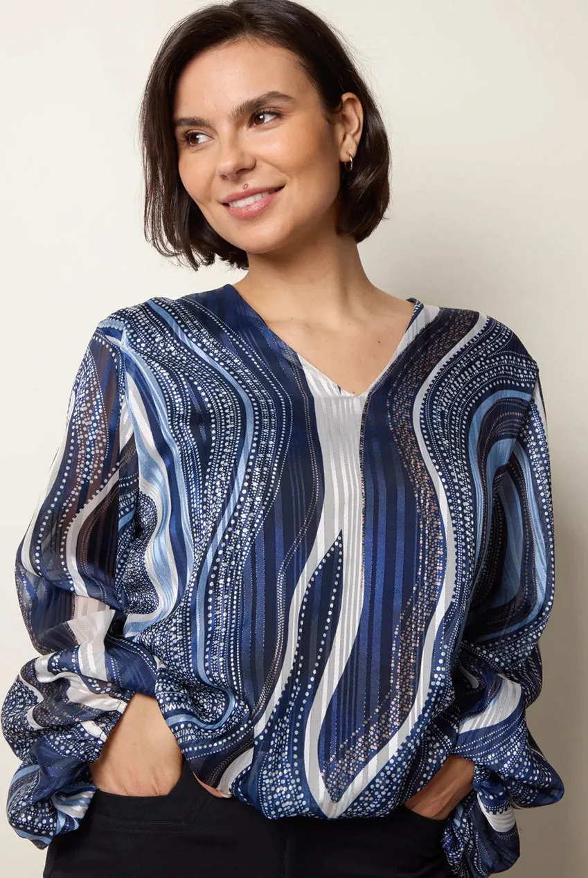 Blue Vanilla blusa navy fantasia vortici maniche lunghe