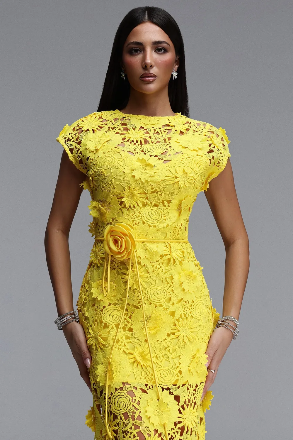 Bella Barnett Martha abito maxi giallo pizzo floreale