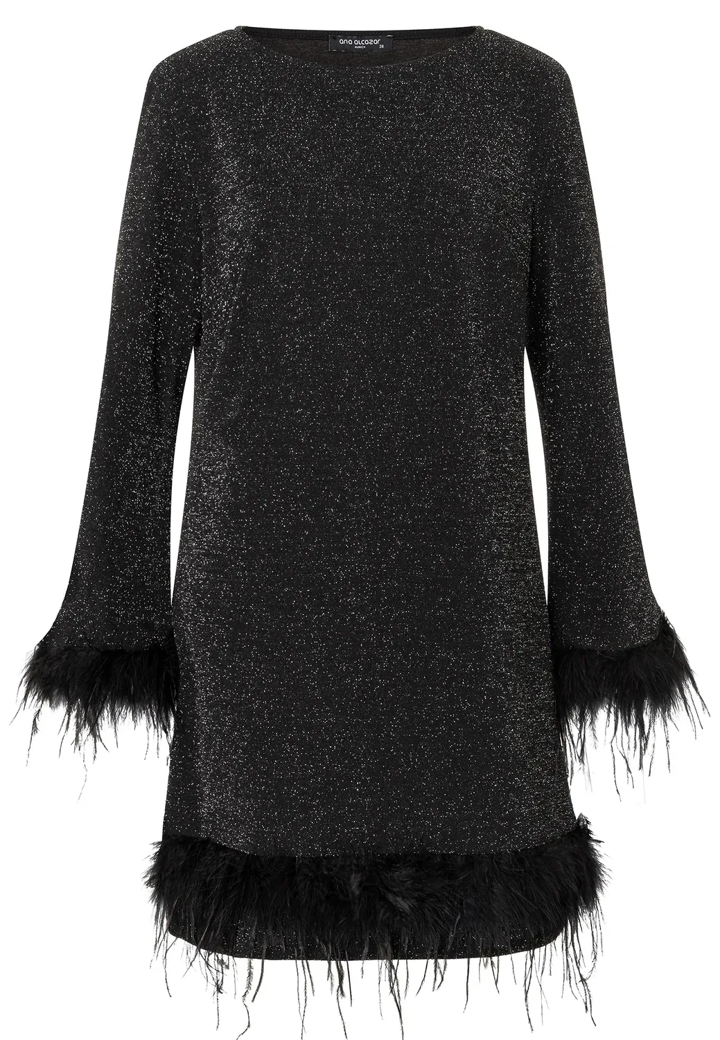 Ana Alcazar Cila abito cocktail nero lurex con piume