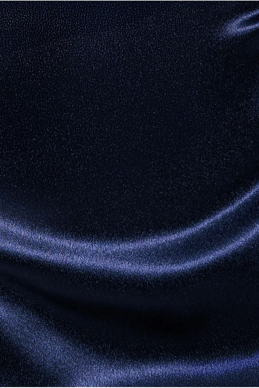 Goddiva Mermaid abito maxi raso navy maniche volant 8-18
