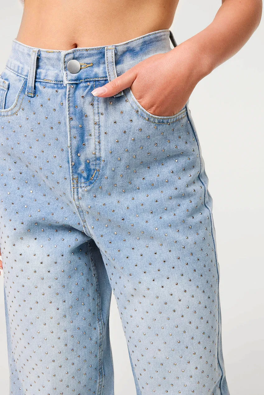 Goddiva Pink Vanilla Stud Wide Leg jeans denim borchie