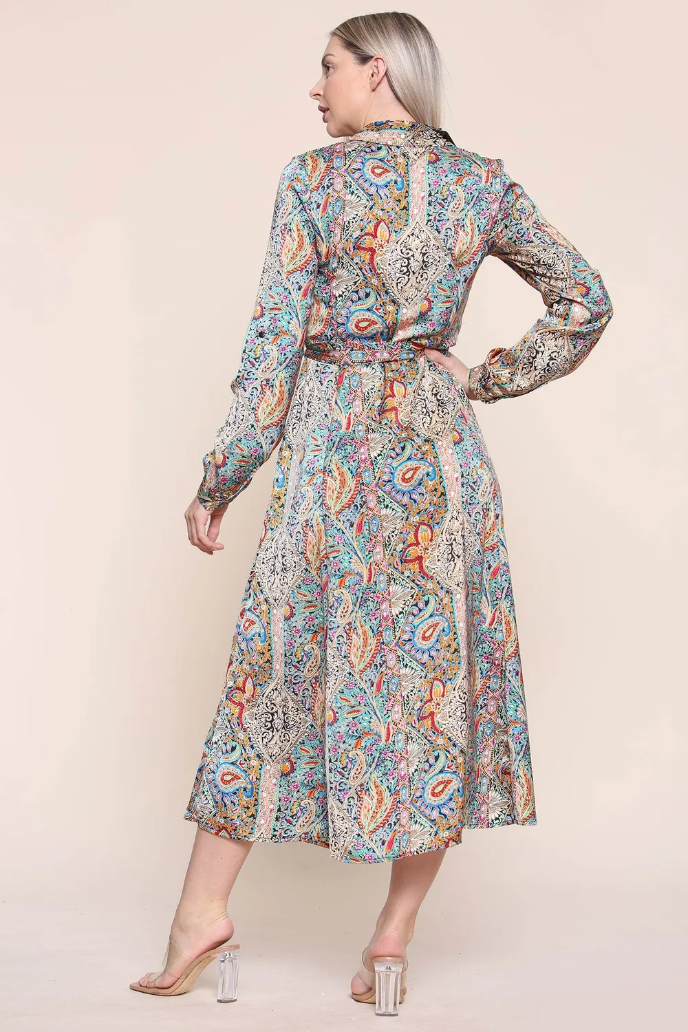 Love Sunshine Paisley abito maxi verde manica lunga fantasia
