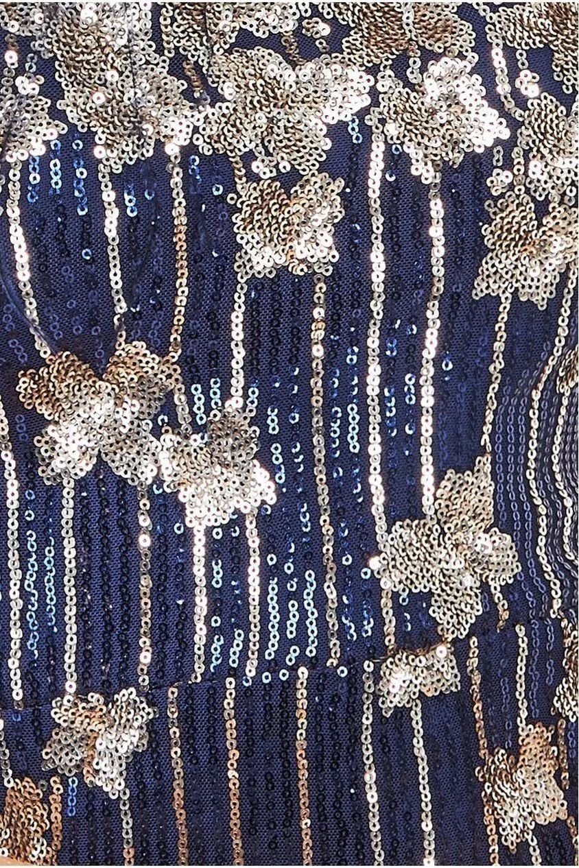 Goddiva Sequin Feather Boobtube abito midi navy paillettes