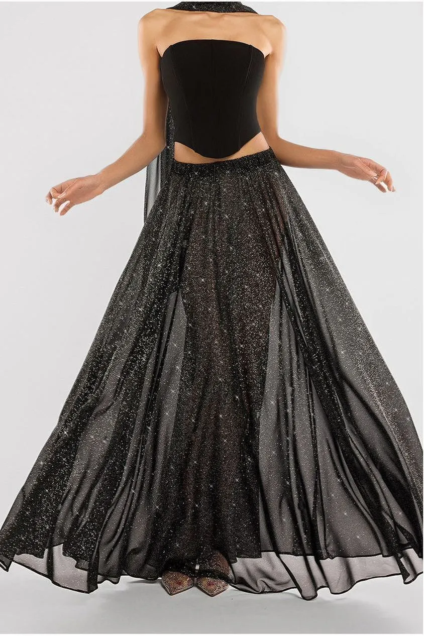 Goddiva Glitter Chiffon gonna lunga nera glitter S M L