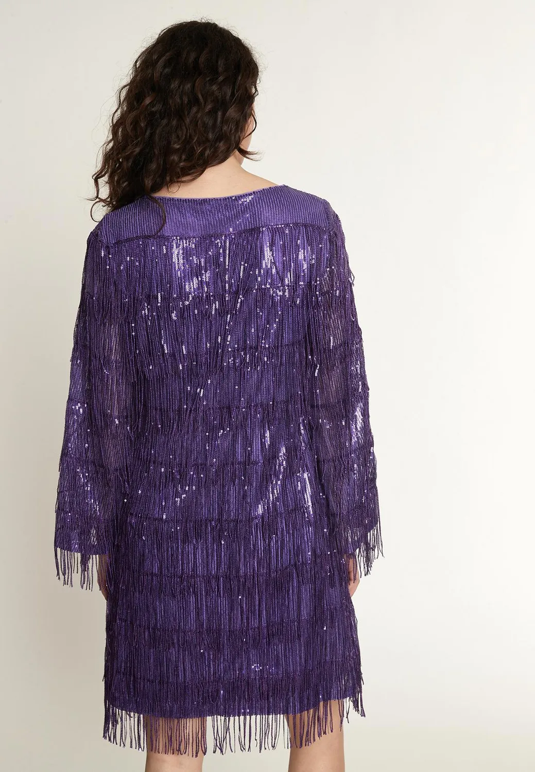 Ana Alcazar Oawa abito cocktail viola paillettes frange