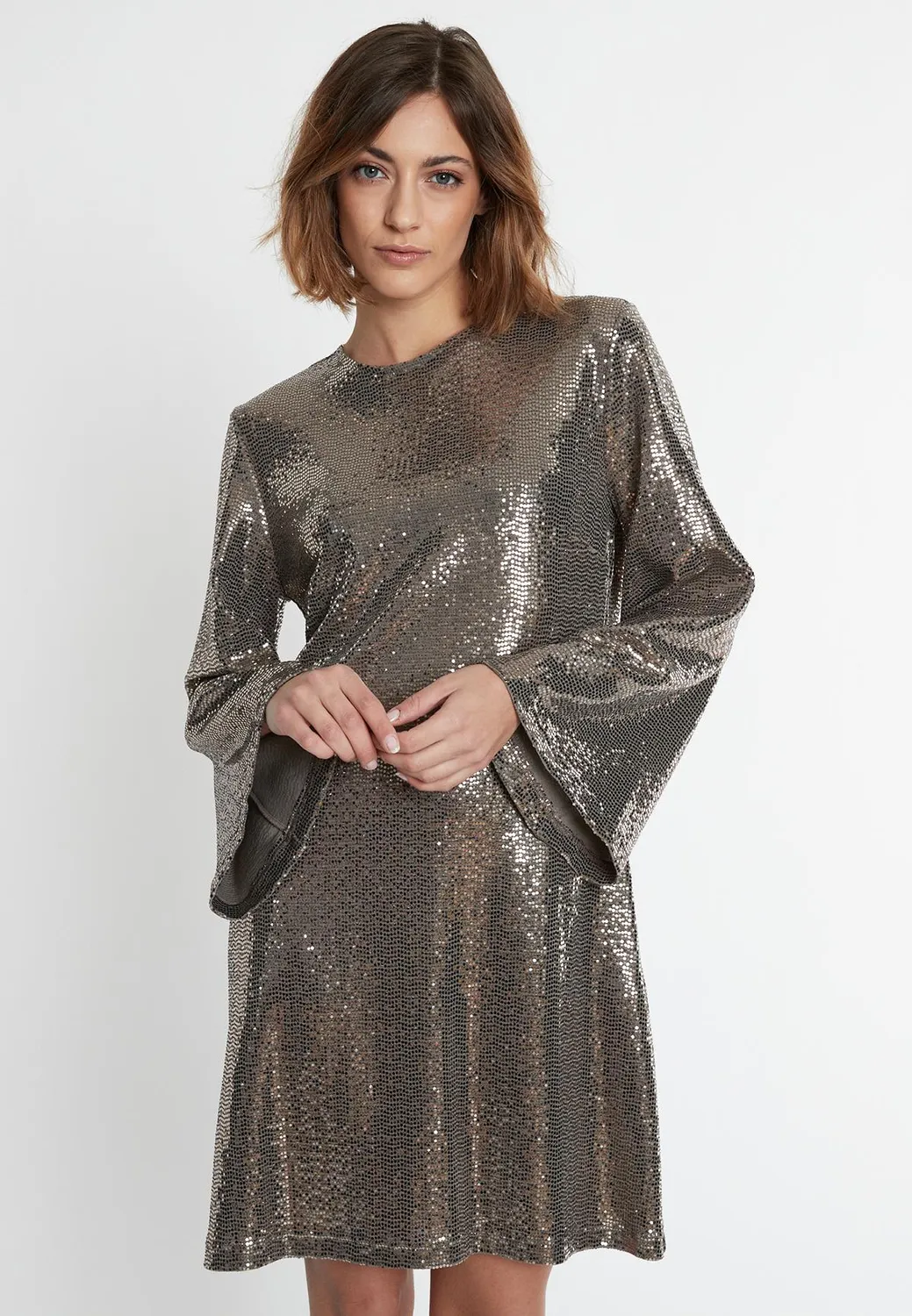 Ana Alcazar Sagona abito paillettes argento